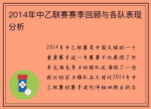 2014年中乙联赛赛季回顾与各队表现分析